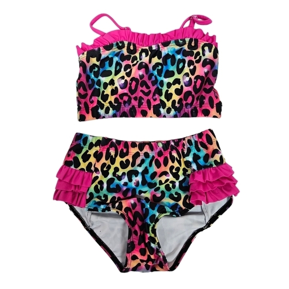 NWOT Unbranded Rainbow Leopard Print Ruffle Bikini Size 6 Girls A46 - Picture 5 of 5